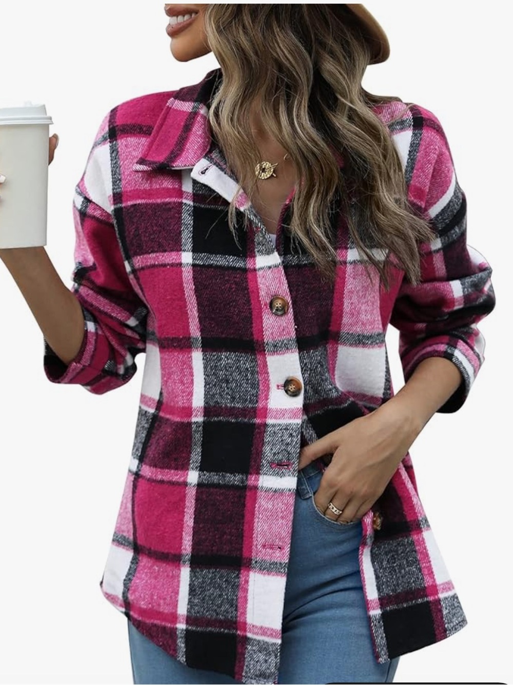 Women's Pink Plaid Button-Down Shirt Jacket